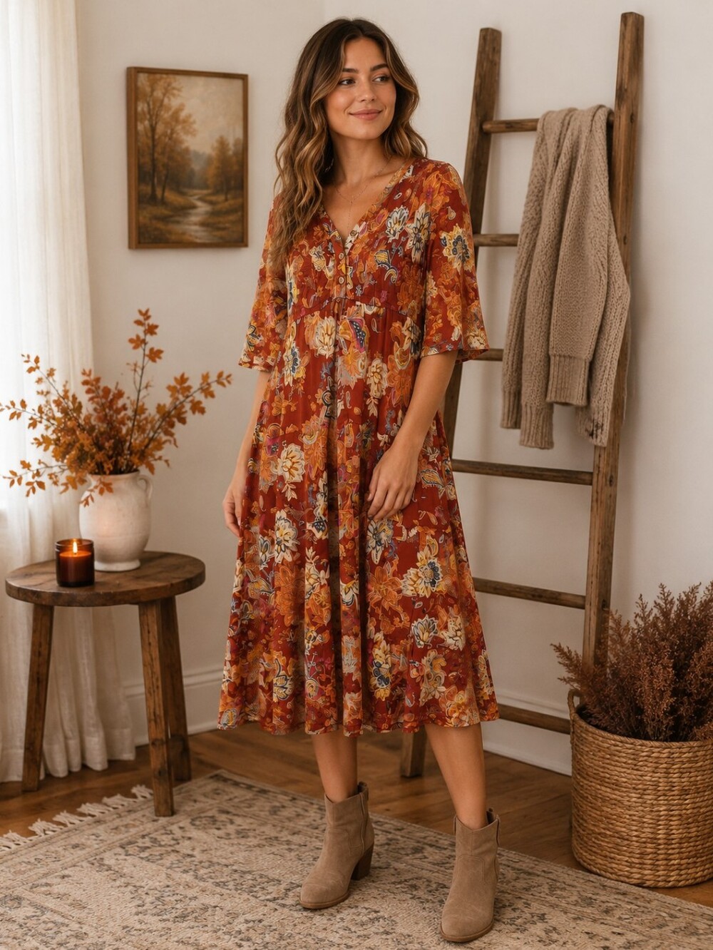 Boho Rust Floral Midi Dress